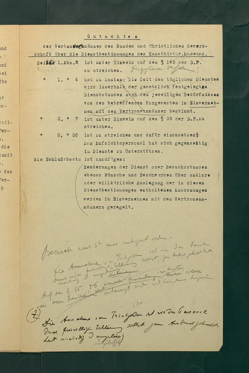 Dienstbestimmungen für das Aufsichtspersonal in den Sammlungen mit Anmerkungen und Korrekturen