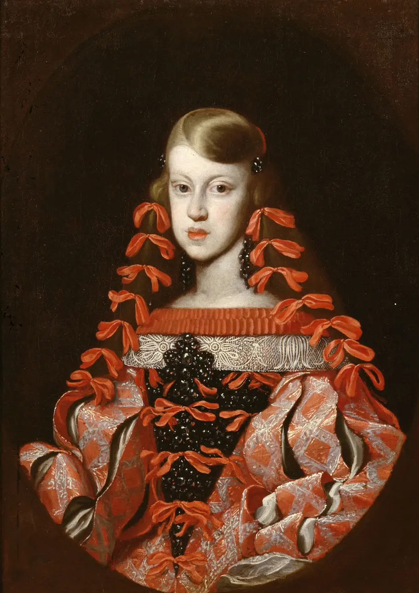 Infantin Margarita (1651-1673), Kaiserin, in rot-silberfarbenem Seidenkleid