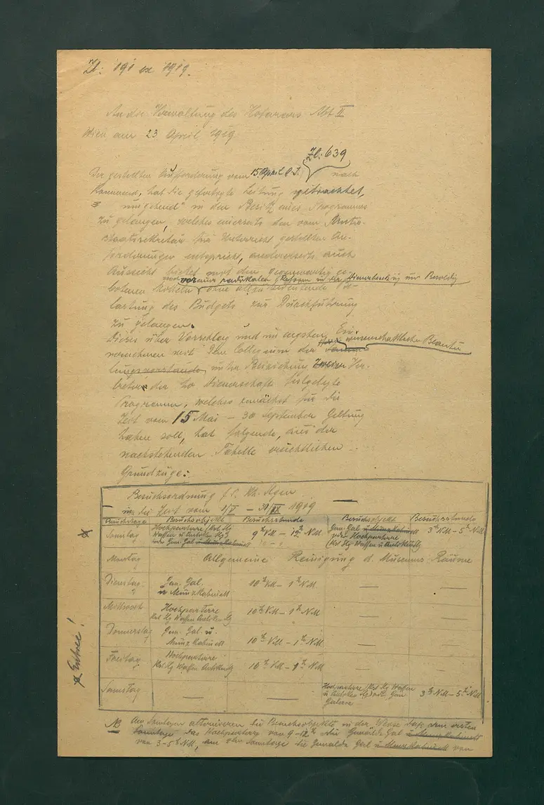 Besuchsordnung des Kunsthistorischen Museums für den Sommer 1919