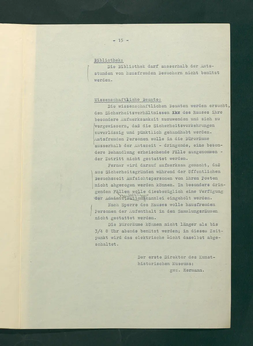 Dienstbestimmungen für das Aufsichtspersonal in den Sammlungen mit Anmerkungen und Korrekturen