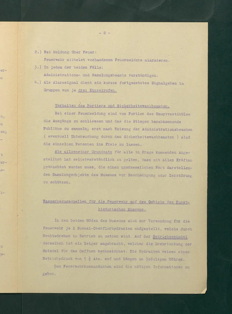 Feuerlöschordnung für das Kunsthistorische Museum, 1927
