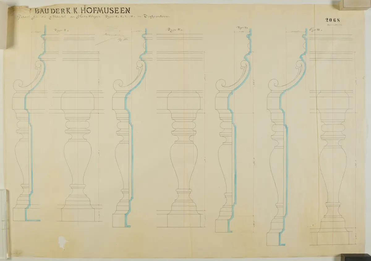 Bau der K. k. Hofmuseen. Detail für die Mäntel der Heizkörper Typus III.a IV.a V.a u. VII.a. Tiefparterre