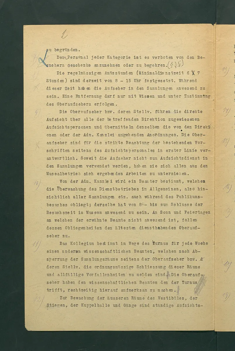 Dienstbestimmungen für das Aufsichtspersonal in den Sammlungen mit Anmerkungen und Korrekturen