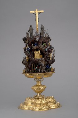 Handstein mit Bergwerk und Kreuzigung Christi