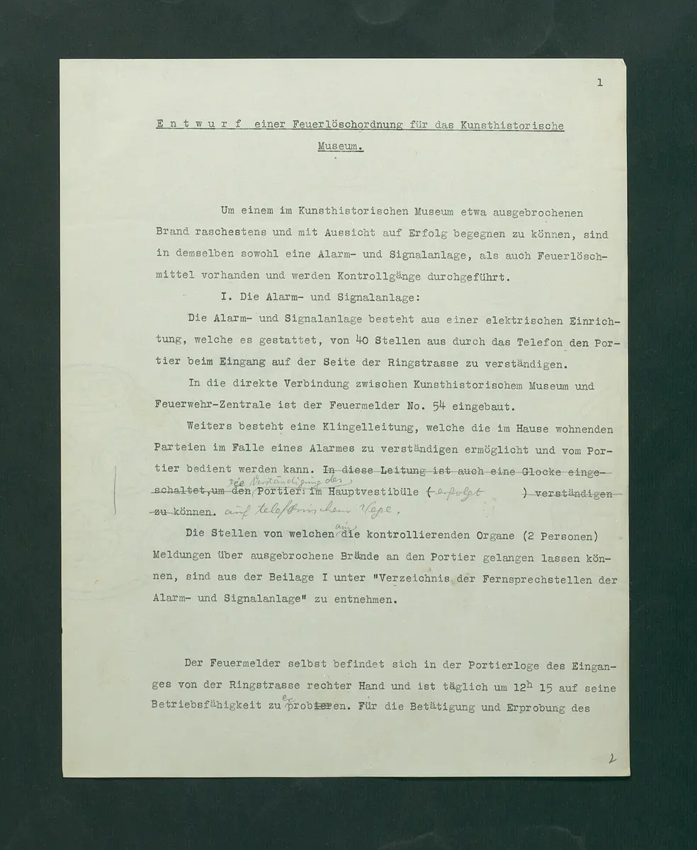Entwurf einer Feuerlöschordnung für das Kunsthistorische Museum, 1926