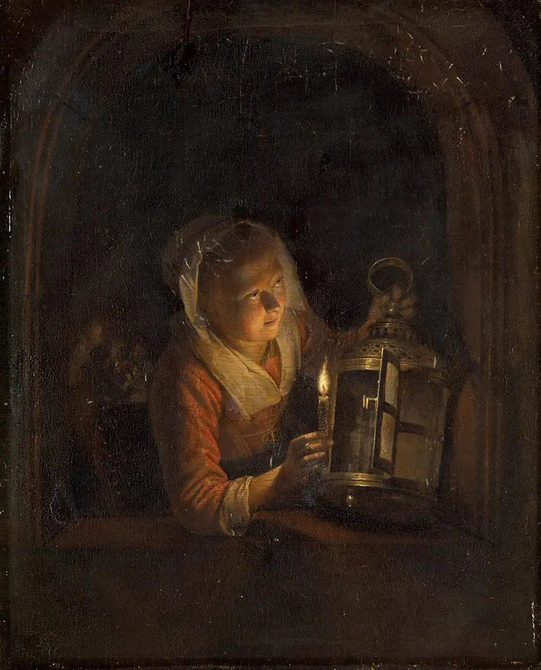 Mädchen am Fenster mit Laterne