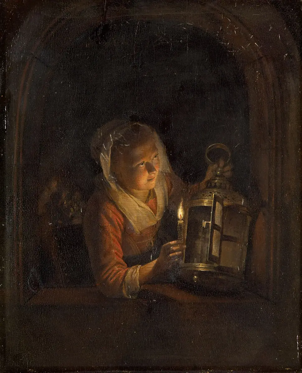 Mädchen am Fenster mit Laterne
