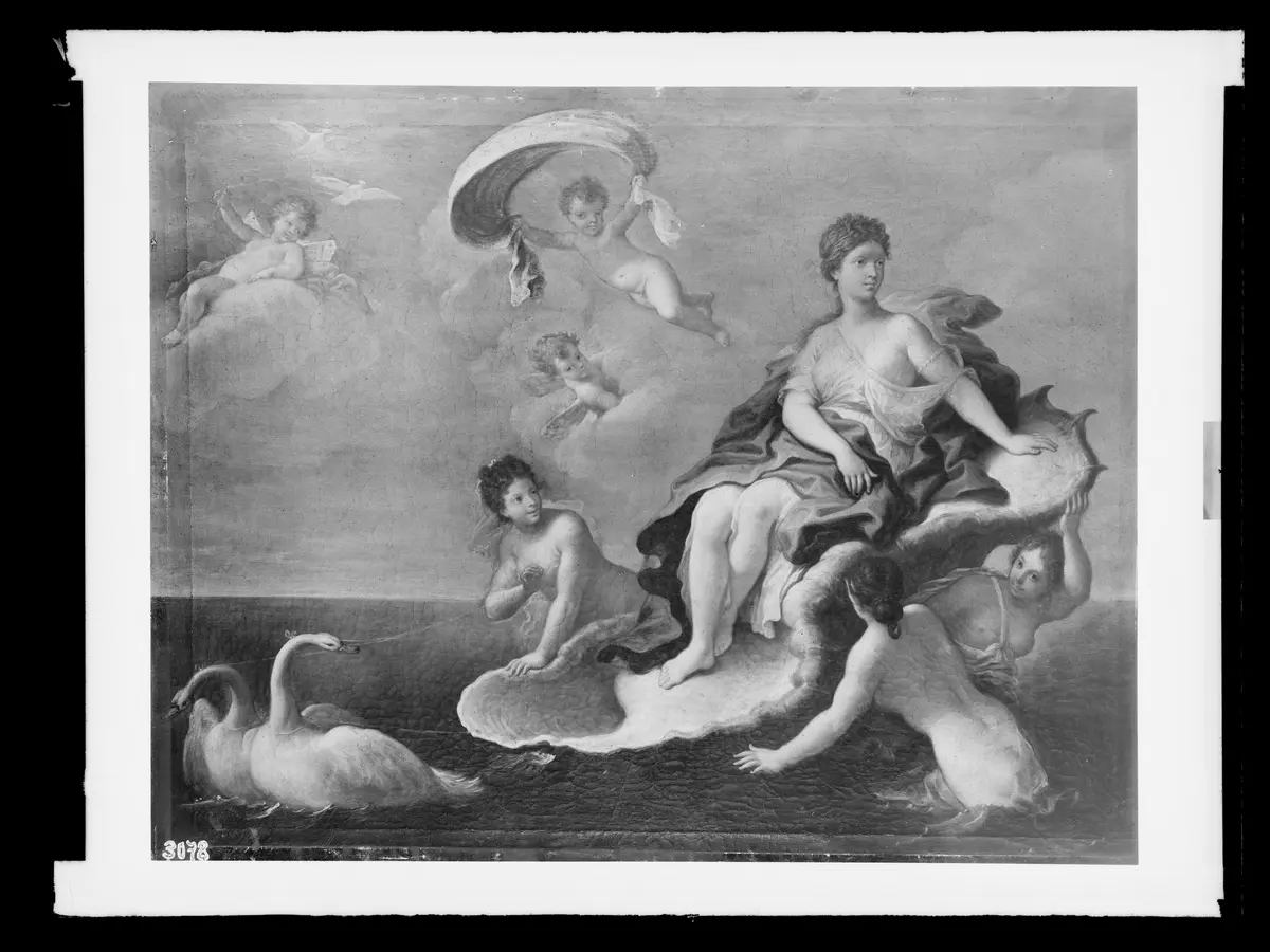 Aphrodite im Muschelwagen von Schwänen auf dem Meer gezogen