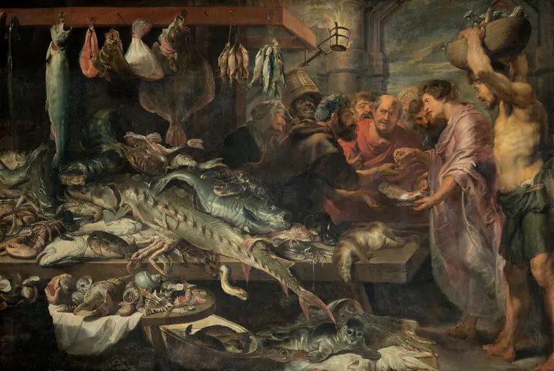 Fischmarkt mit dem Verkauf der Rotbarbe des Kaiser Tiberius