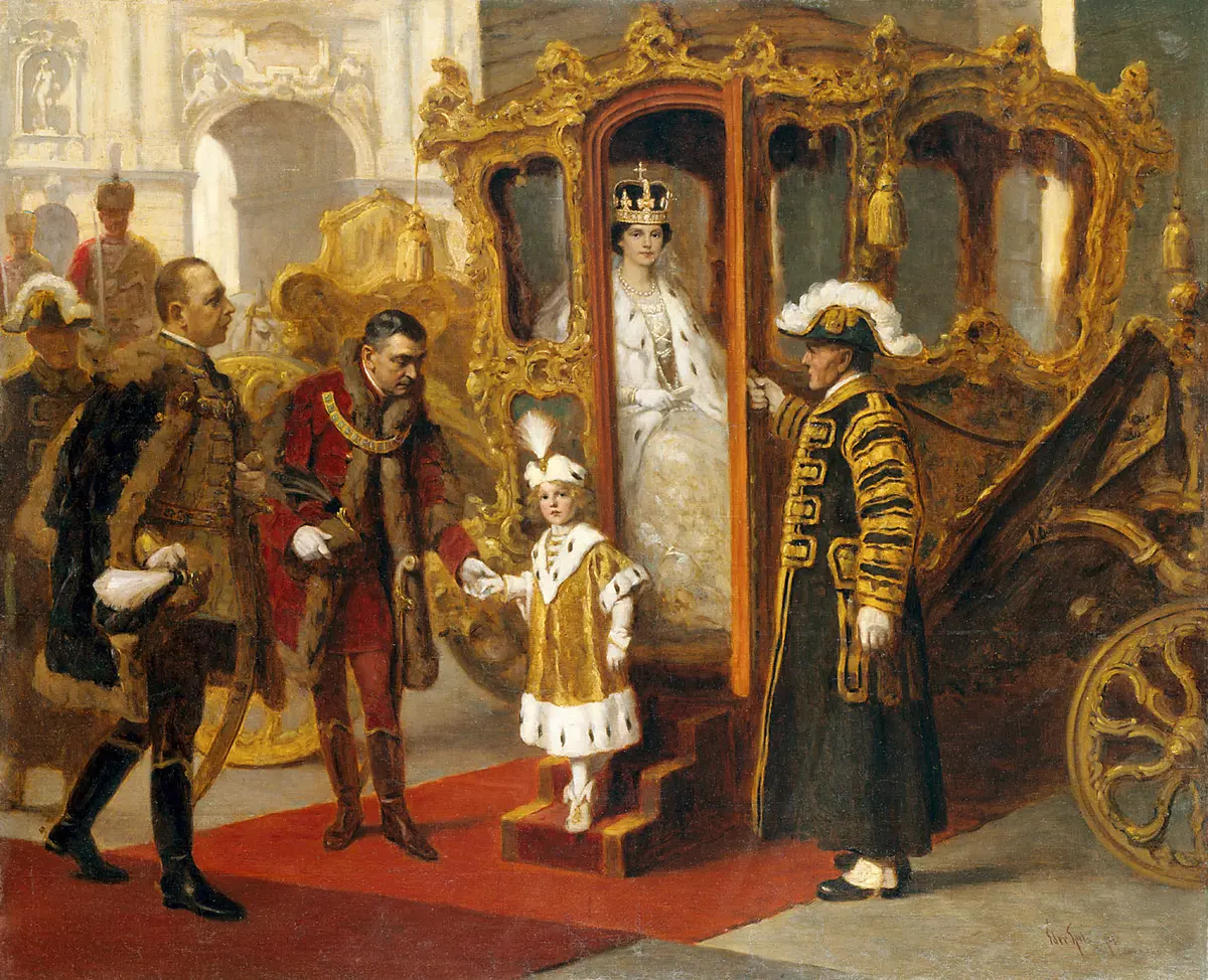 Kaiserin/Königin Zita und Kronprinz Otto beim Verlassen des Imperialwagens vor der Königskrönung in Budapest (30.12.1916)