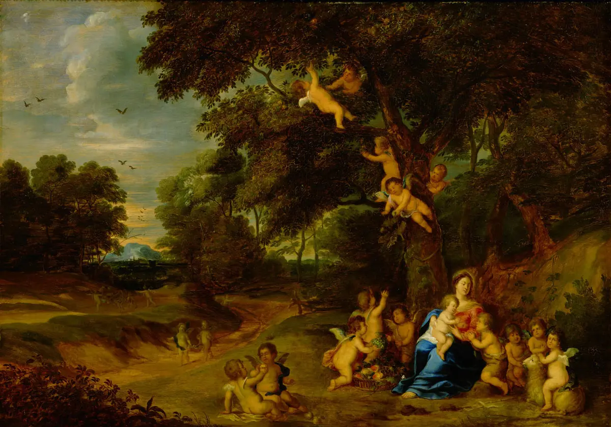Maria mit Kind, Johannesknaben und Engeln in einer Waldlandschaft