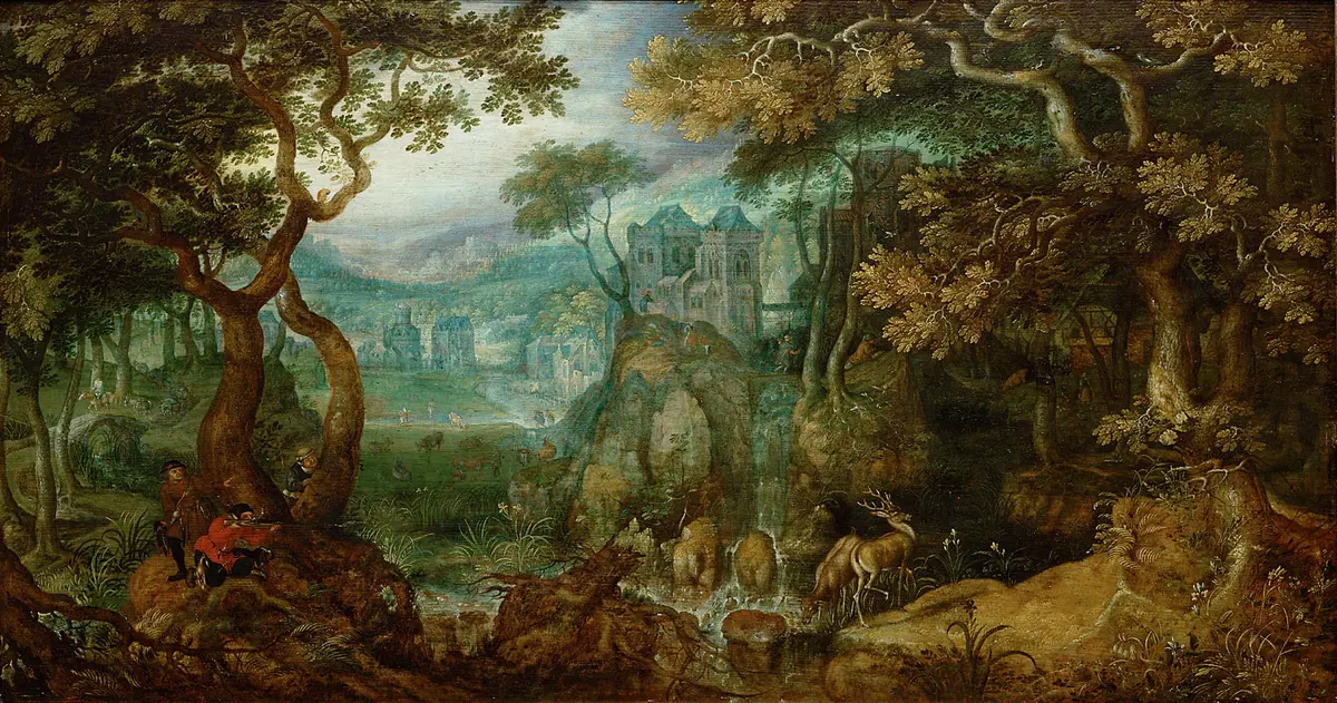 Waldlandschaft mit Jägern