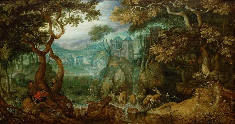 Waldlandschaft mit Jägern