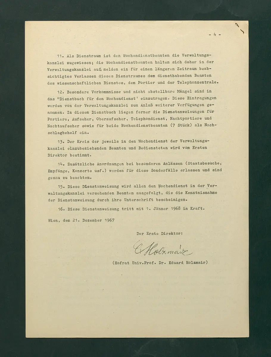 Dienstanweisungen für Postenaufseher, Portiere, die Telephonzentrale, Oberaufseher, Nachtportiere und Nachtaufseher, für den Wochendienst der Beamten und der Verwaltungskanzlei