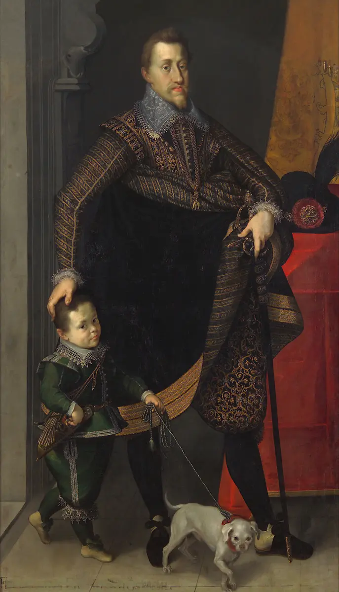 Kaiser Ferdinand II. (1578-1637) in ganzer Figur mit einem Hofzwerg