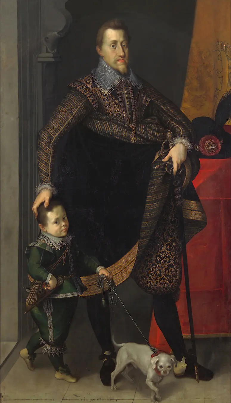 Kaiser Ferdinand II. (1578-1637) in ganzer Figur mit einem Mann mit Kleinwuchs (ehemals