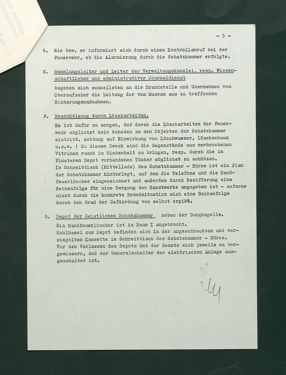 Feuerlöschordnung für das Kunsthistorische Museum, Teil III: Schatzkammer