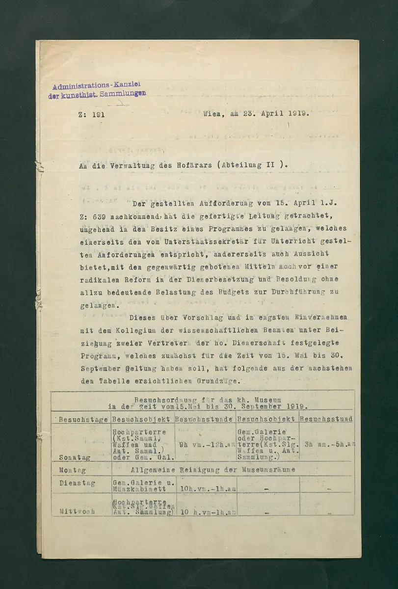 Besuchsordnung des Kunsthistorischen Museums für den Sommer 1919