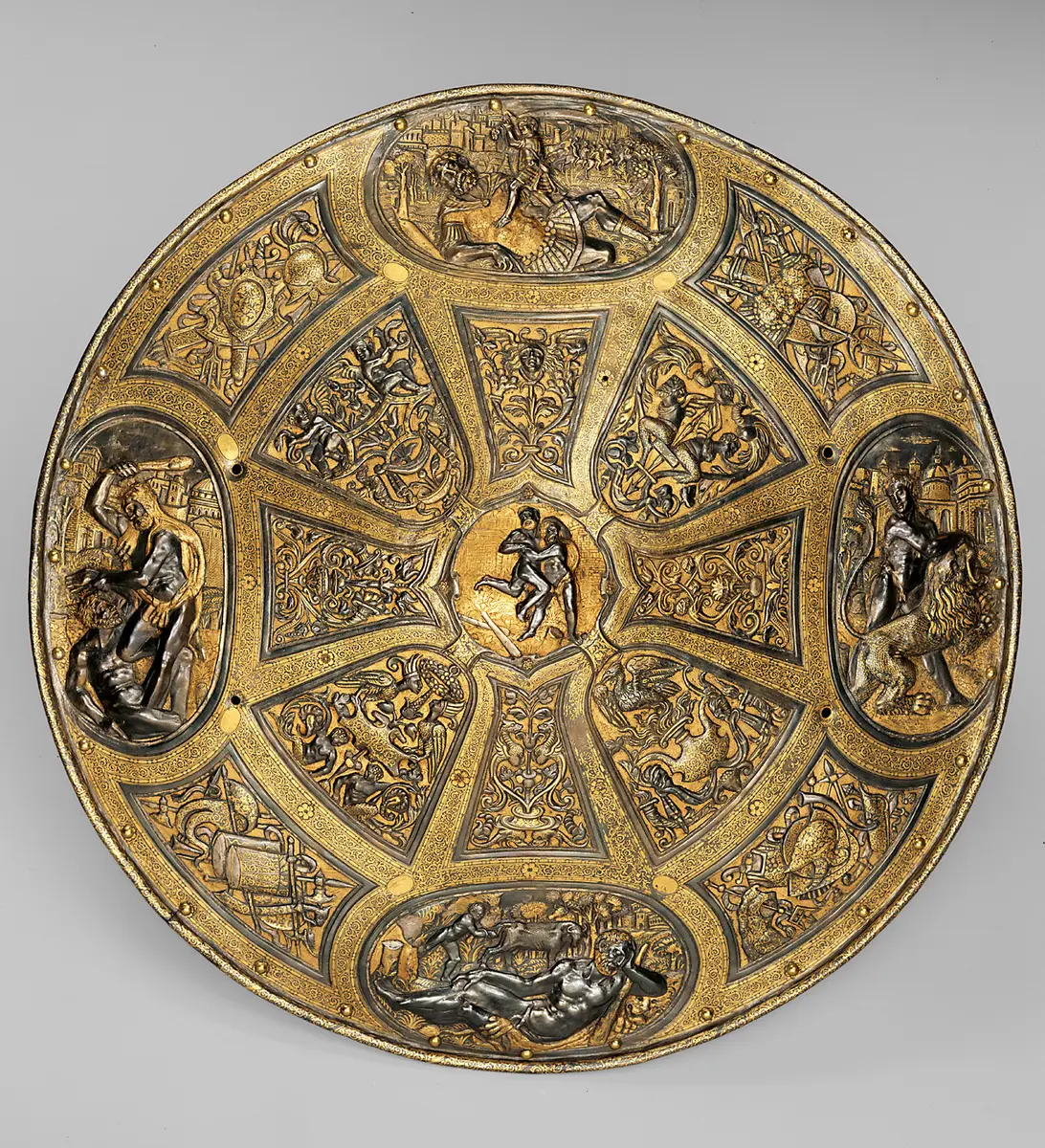 Rundschild aus einem all'antica ensemble mit Sturmhaube