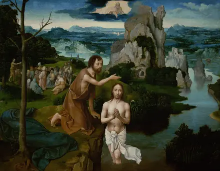 Taufe Christi (Links im Mittelgrund: Predigt Johannes d. Täufers)