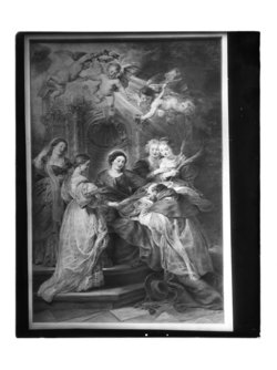 Ildefonso-Altar: Maria erscheint dem Hl. Ildefonso (Mittelteil), Erzherzog Albrecht der VII. (linker Innenflügel) bzw. Infantin Isabella Clara Eugenia (rechter Innenflügel), beide mit ihren Schutzpatronen