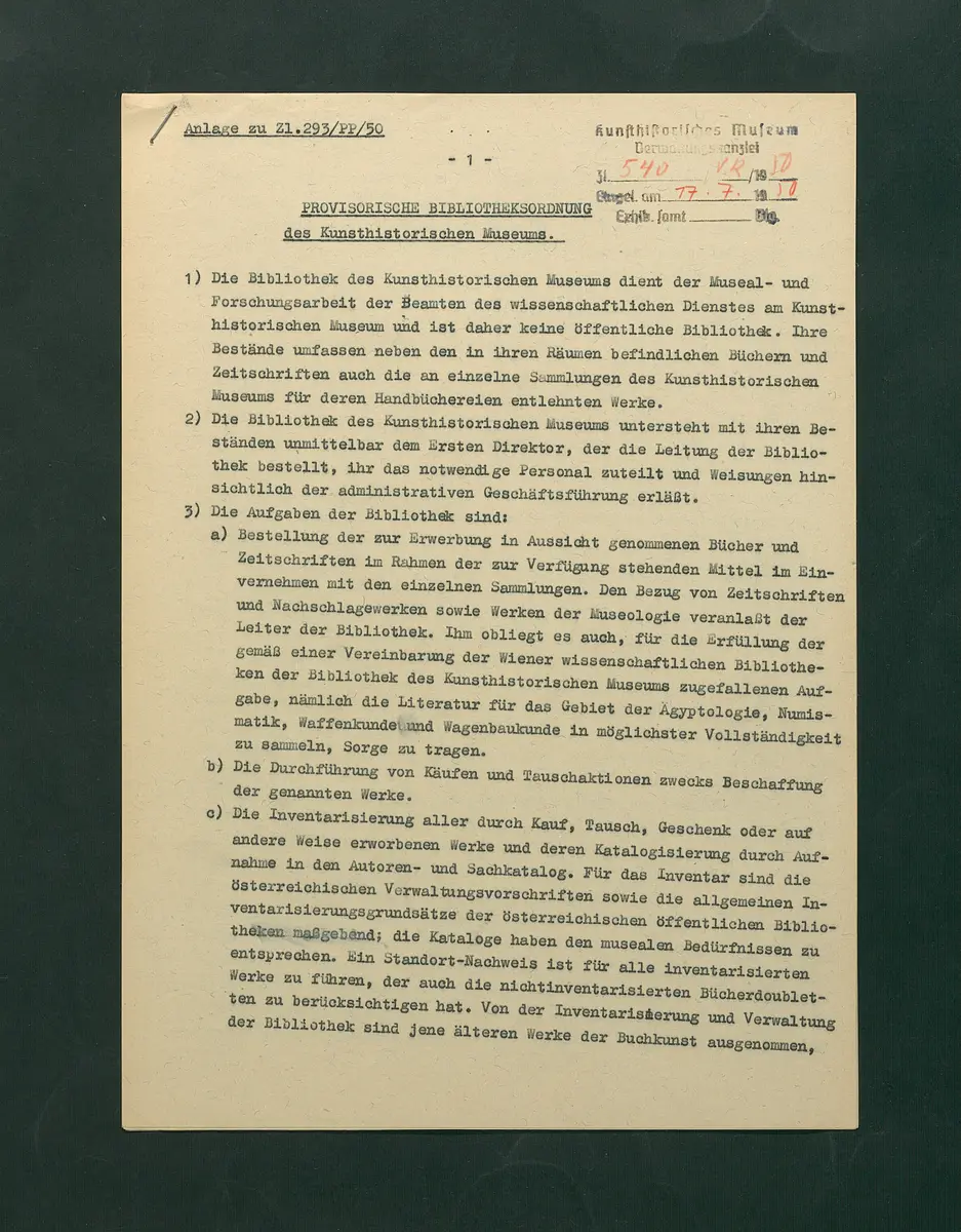 Provisorische Bibliotheksordnung des Kunsthistorischen Museums