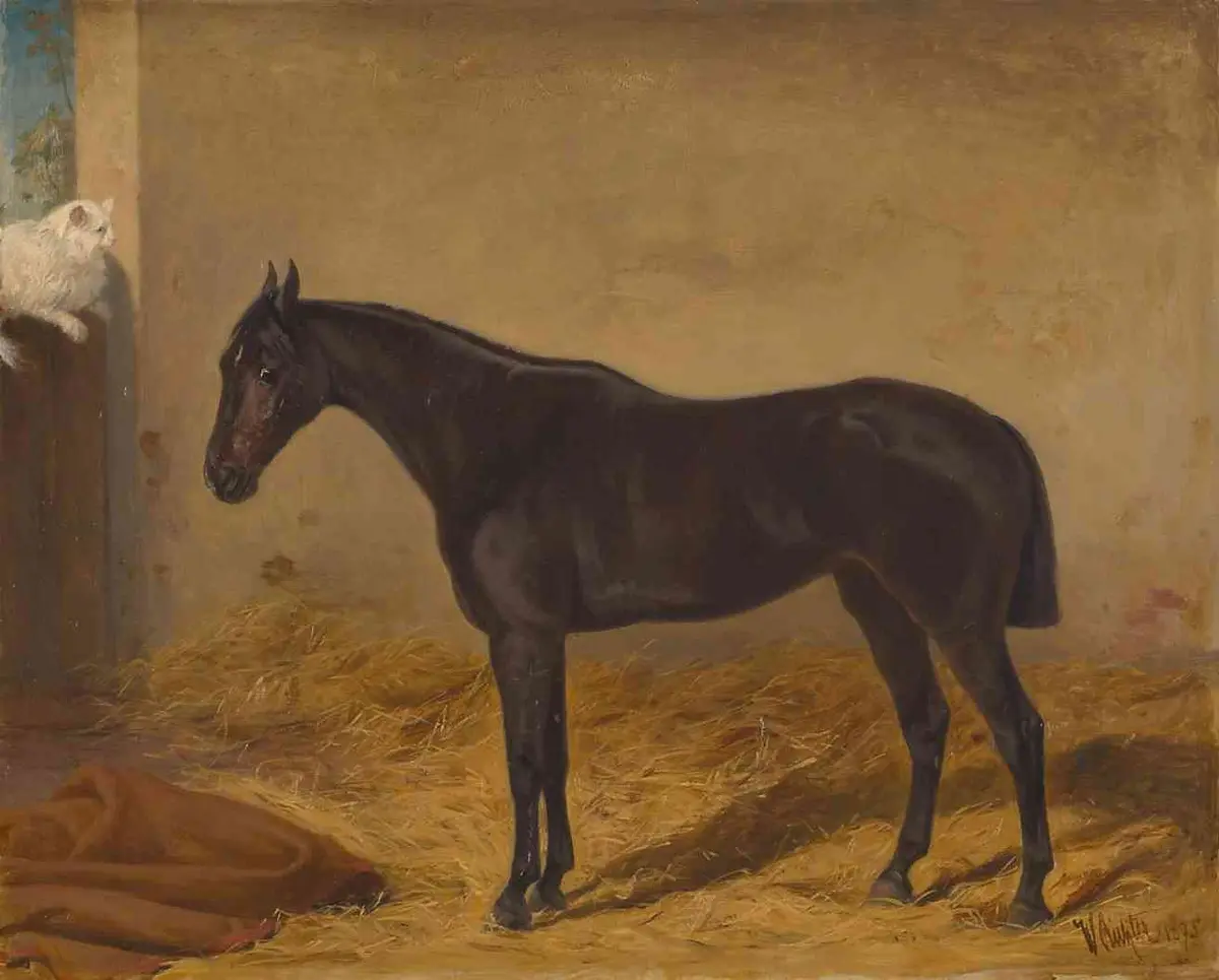 Bildnis eines englischen Rappen (“Fern 1875”) der Kaiserin Elisabeth; Öl auf Leinwand, signiert und datiert