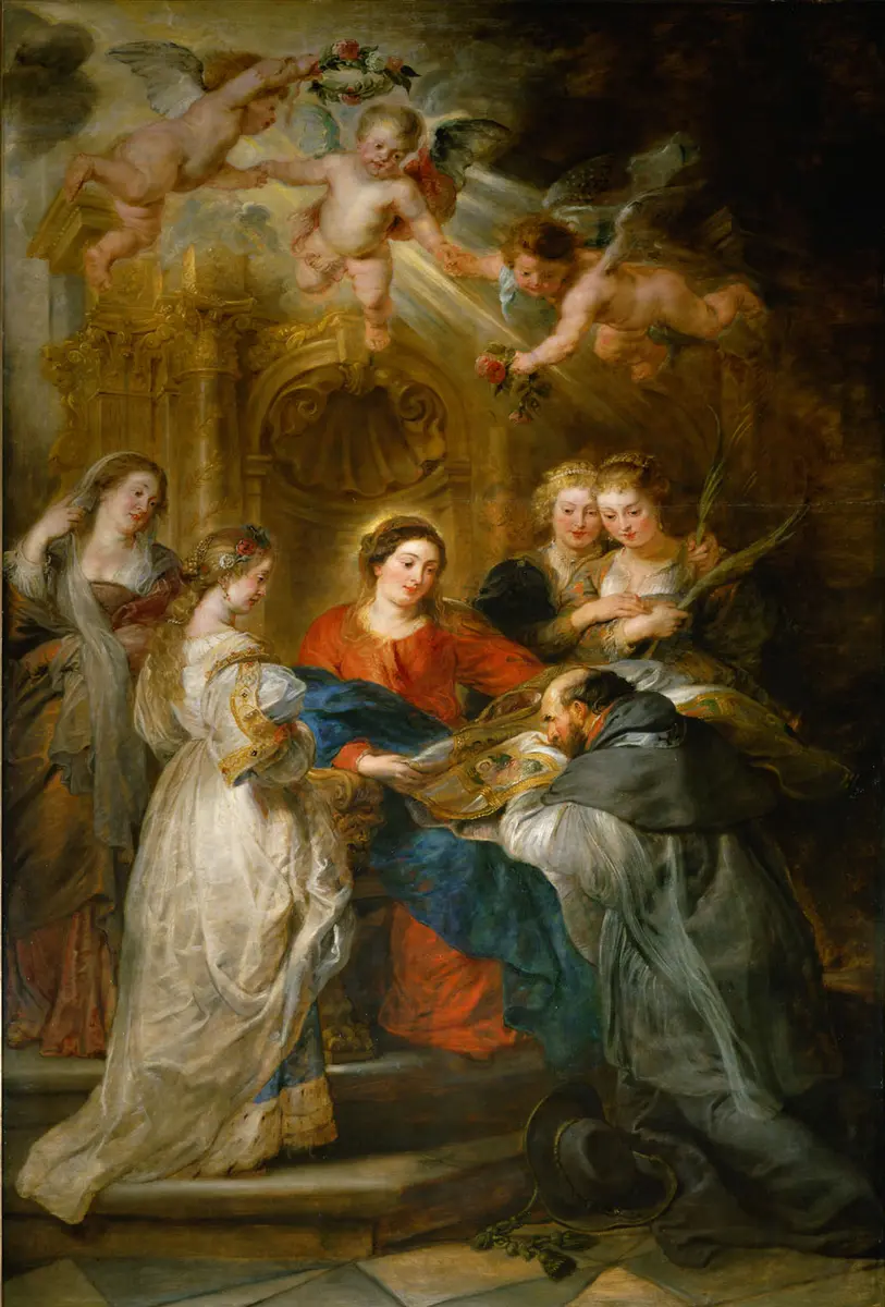 Ildefonso-Altar: Maria erscheint dem hl. Ildefonso (Mittelteil), Erzherzog Albrecht der VII. (linker Innenflügel) bzw. Infantin Isabella Clara Eugenia (rechter Innenflügel), beide mit ihren Schutzpatronen
