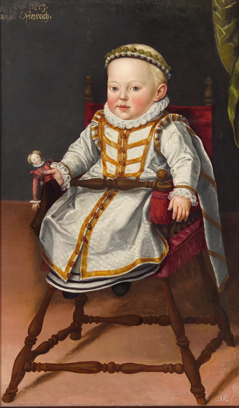 Erzherzogin Katharina Renea (1576-1595) im Alter von einem Jahr in einem Kindersessel sitzend mit einer Puppe