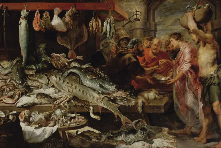 Fischmarkt mit dem Verkauf der Rotbarbe des Kaiser Tiberius