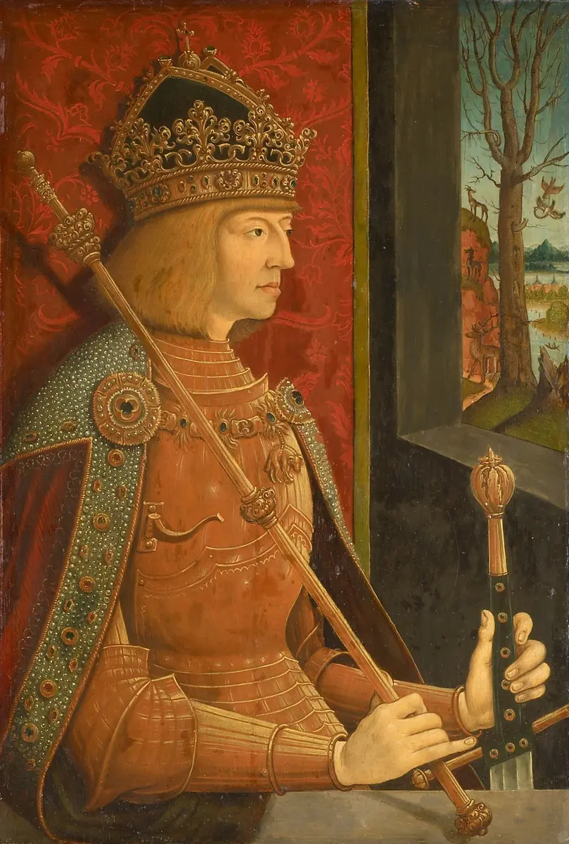 Maximilian I. (1459-1519), Bildnis in halber Figur im goldenen Harnisch