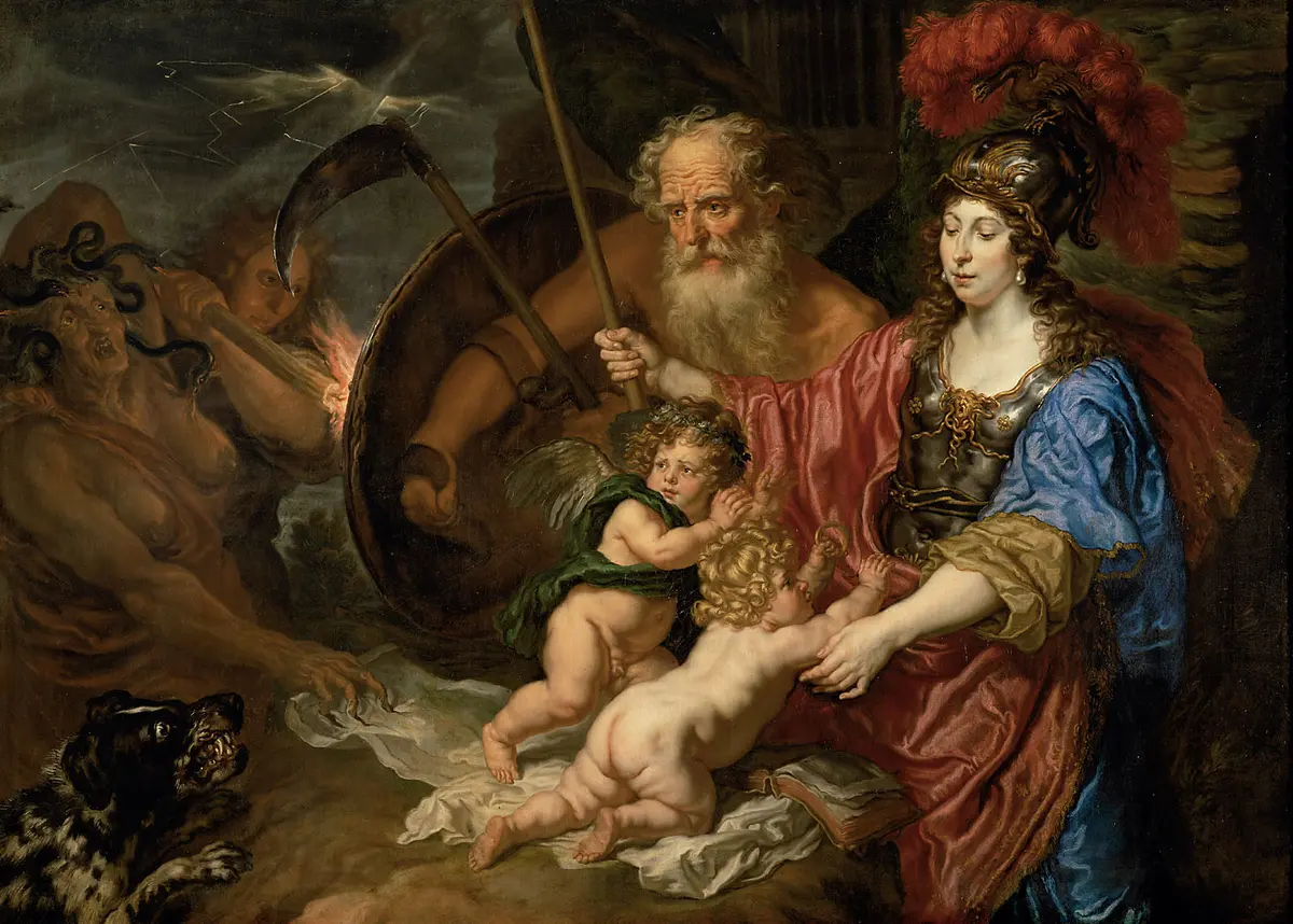 Minerva und Saturn beschützen Kunst und Wissenschaft vor Neid und Lüge