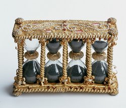 Kästchen mit 4 Sanduhren aus Glas, Sanduhr, Uhr, wissenschaftliches Instrument, Meßgerät