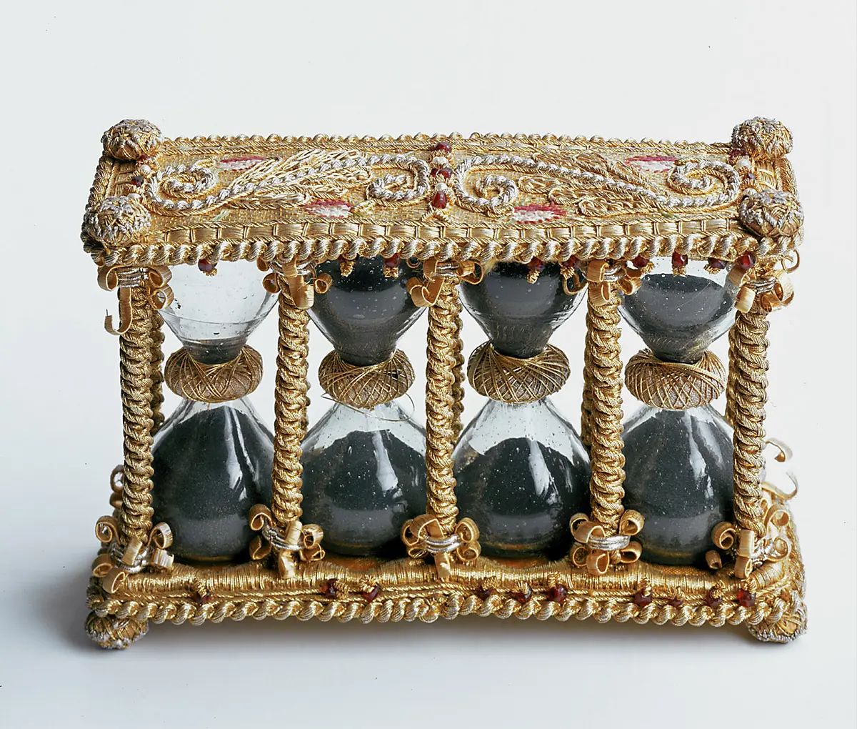 Kästchen mit 4 Sanduhren aus Glas, Sanduhr, Uhr, wissenschaftliches Instrument, Meßgerät