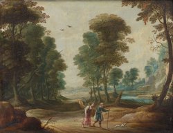 Landschaft mit wanderndem Dichter und Fama