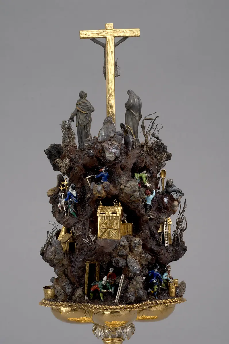 Handstein mit Bergwerk und Kreuzigung Christi