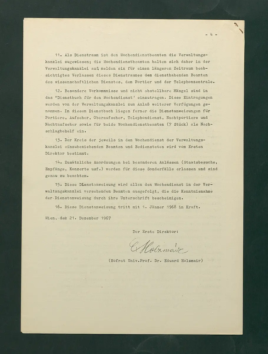 Dienstanweisungen für Postenaufseher, Portiere, die Telephonzentrale, Oberaufseher, Nachtportiere und Nachtaufseher, für den Wochendienst der Beamten und der Verwaltungskanzlei