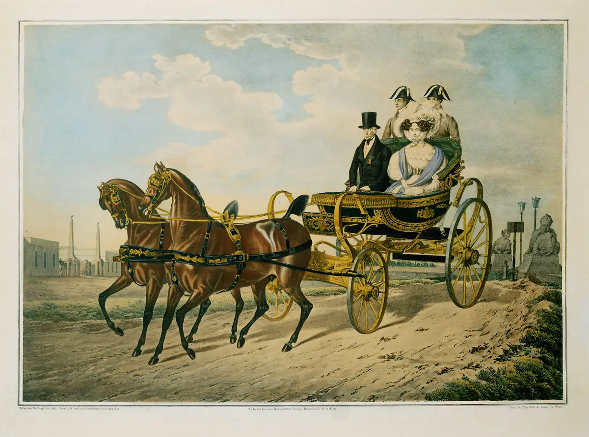 Kaiser Franz und seine Gemahlin Karoline Auguste im Kutschierwagen vor Schloss Schönbrunn