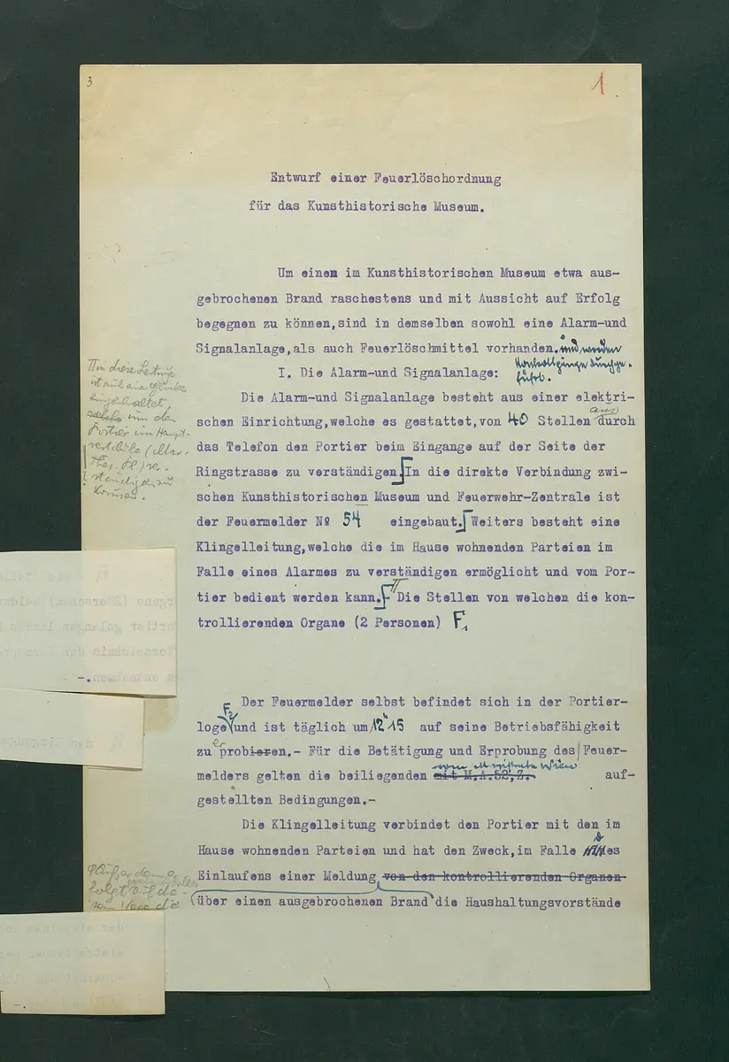 Entwurf einer Feuerlöschordnung für das Kunsthistorische Museum, 1926