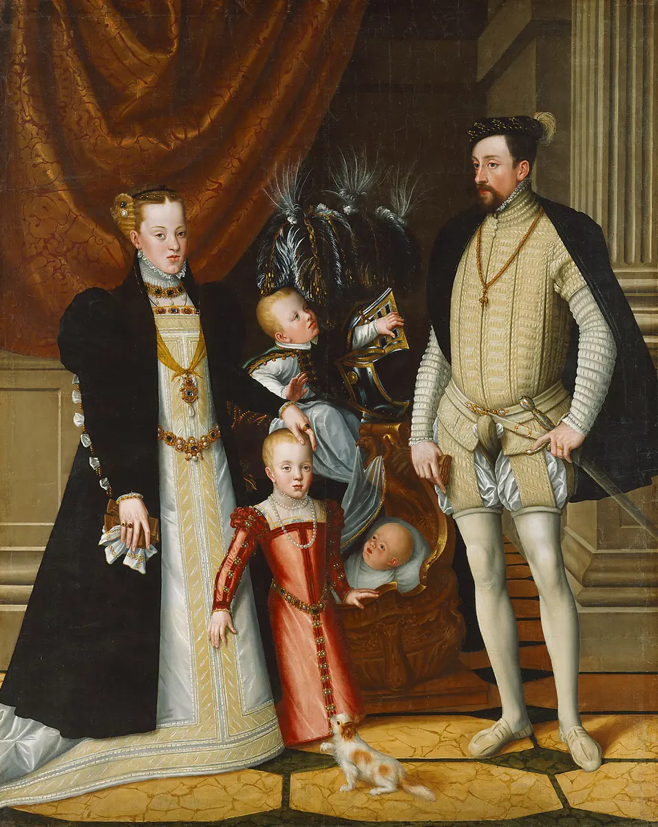 Maximilian II. (1527-1576) und seine Gemahlin Maria von Spanien (1528-1603) und seine Kinder Anna (1549-1580), Rudolf (1552-1612) und Ernst (1553-1595)