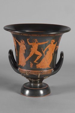 Dionysos zwischen Himeros, Mänaden und Silenen