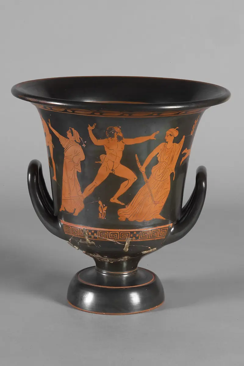 Dionysos zwischen Himeros, Mänaden und Silenen