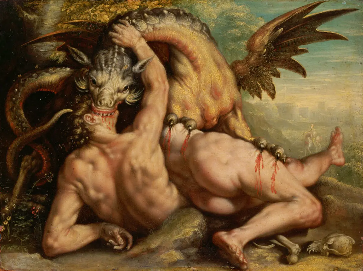 Der Drache tötet die Gefährten des Kadmos