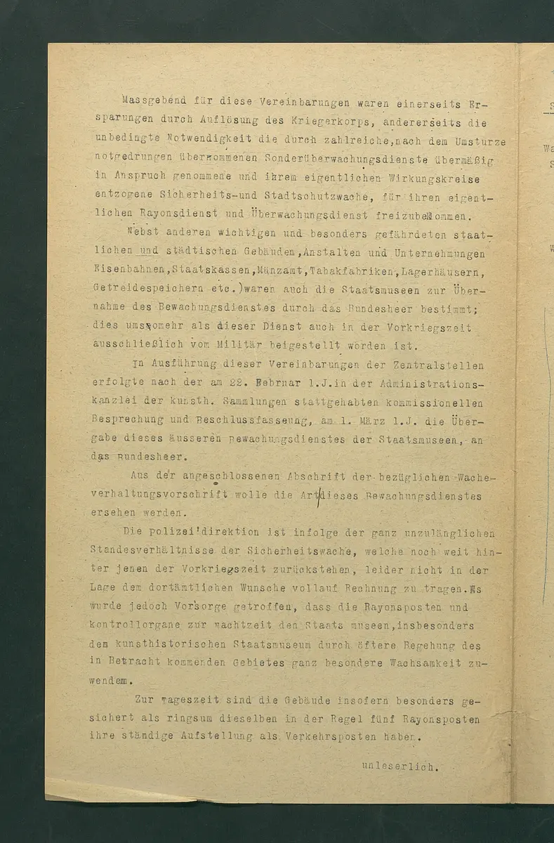 Wachverhaltungen für die Postengruppe bei den Staatsmuseen (Abschrift)
