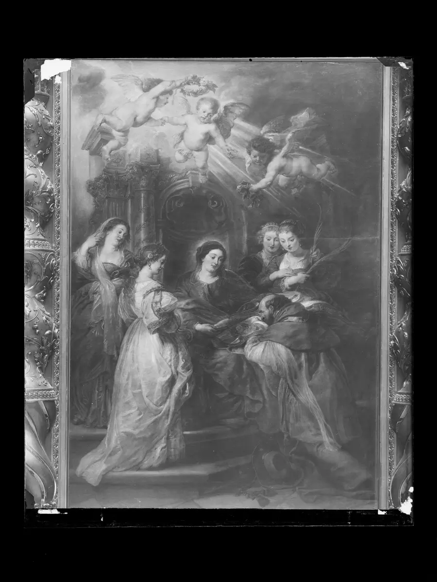 Ildefonso-Altar: Maria erscheint dem Hl. Ildefonso (Mittelteil), Erzherzog Albrecht der VII. (linker Innenflügel) bzw. Infantin Isabella Clara Eugenia (rechter Innenflügel), beide mit ihren Schutzpatronen