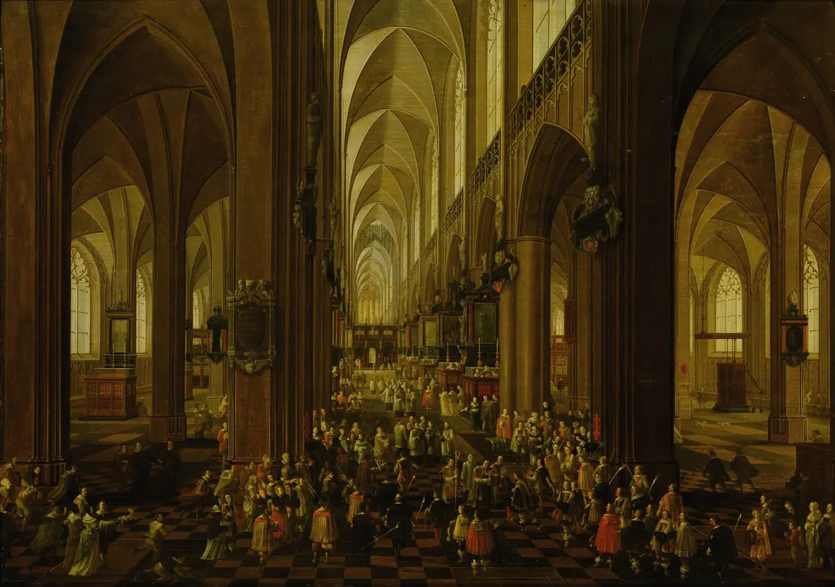 Innenansicht der Kathedrale Nôtre Dame zu Antwerpen (Erzherzog Leopold Wilhelm wird von der Geistlichkeit eingeholt)