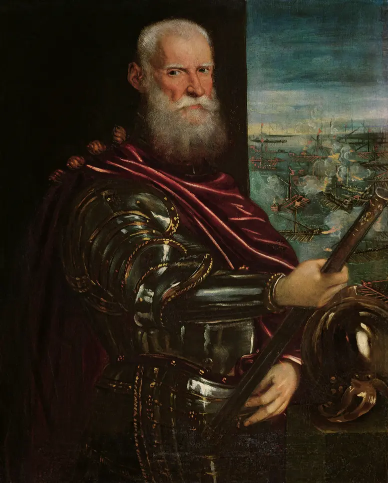 Sebastiano Venier (gest. 1578) (Im Hintergrund: Die Seeschlacht bei Lepanto)