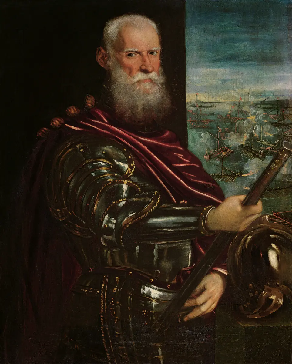 Sebastiano Venier (gest. 1578) (Im Hintergrund: Die Seeschlacht bei Lepanto)