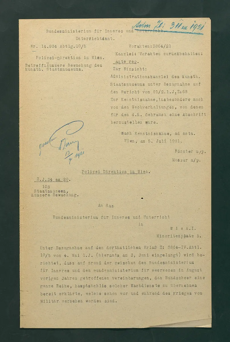 Wachverhaltungen für die Postengruppe bei den Staatsmuseen (Abschrift)
