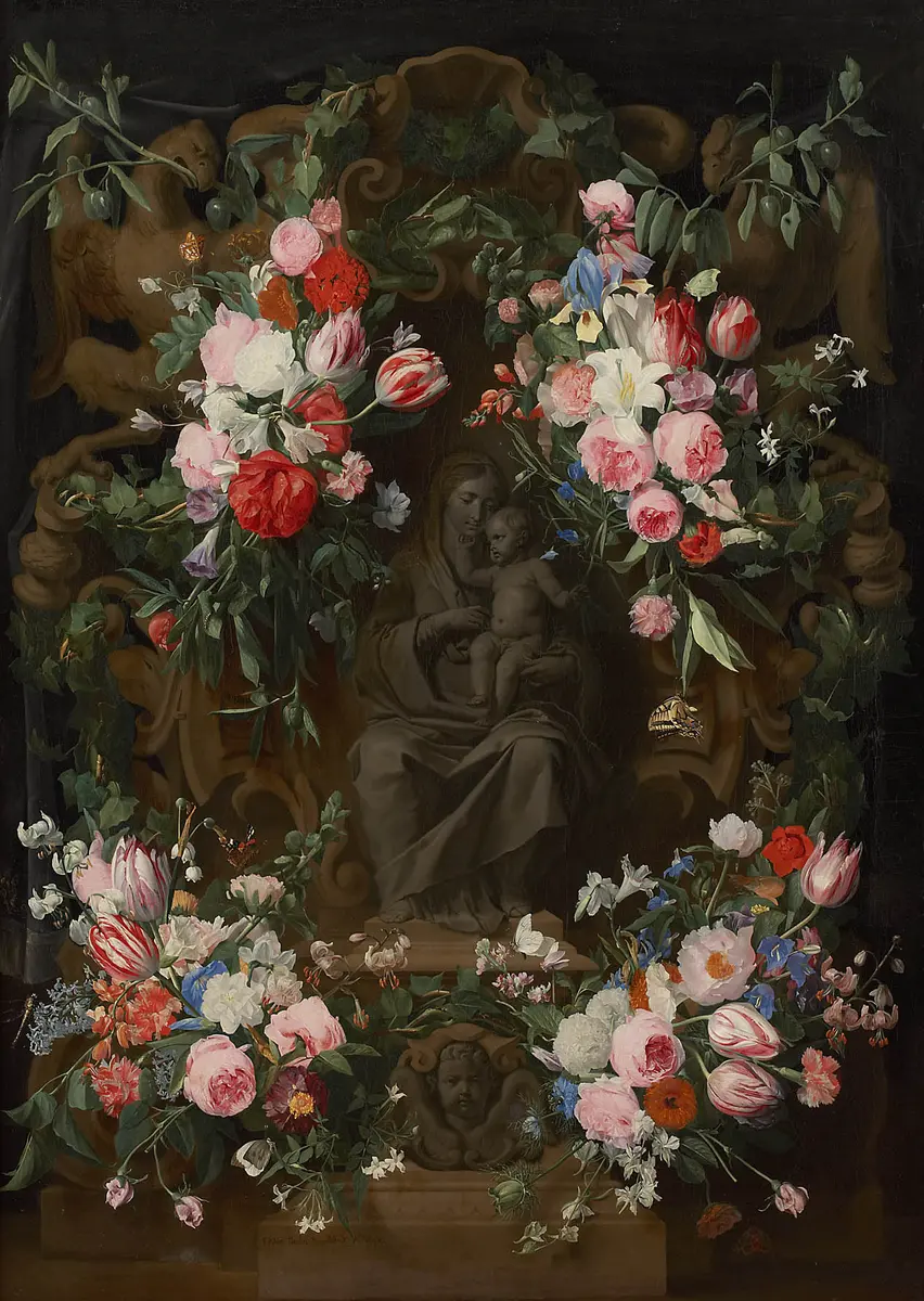 Sitzende Madonna von Blumen umrahmt